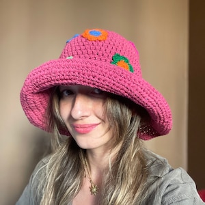 Crochet Daisy Hat, Handmade Sun Protection Hat, Pink Cotton Crochet Summer Hat for Women, Bhava's Style Boho Hat,UV Protection Hat for gift image 1