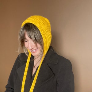 Crochet Bonnet, Hand-Knit Bonnet, Yellow  Bow Tie Bonnet, Winter Warm Hat, Women Warm Hat, Adult Winter Warm Hat