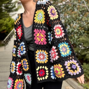 Crochet Granny Square Black Cardigan, Mother's Day Gift, Cotton Handmade Unisex Oversize Cardigan, Colorful Cardigan, Boheme Cardigan