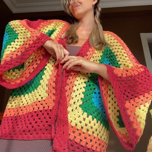 Crochet Rainbow Cardigan, Handmade Colorful Kimono, Oversized Cardigan, Hand-knitted Cardigan, Unisex Cardigan, Lon Cardigan