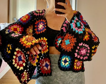 Crochet Granny Square Cardigan, Colorful Oversize Unisex Crochet Granny Square Cardigan, Colorful Oversize Unisex