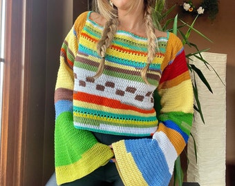 Crochet Sweater, Handmade Pullover Sweater, Hand-knitted Sweater, Winter Sweater, Striped Sweater, Colorful Sweater, Bhava's Style Sweater