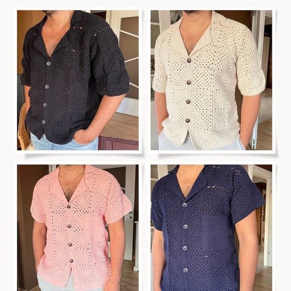 Crochet Shirt, Unisex Shirt, Granny Square Shir, 4 Different Color Shirt, Vintage Crochet Shirt, Crochet Shirt for Men, Crochet Shirts