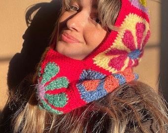 Red Floral Mohair Crochet Balaclava: Daisy Floral Design Granny Square Hood