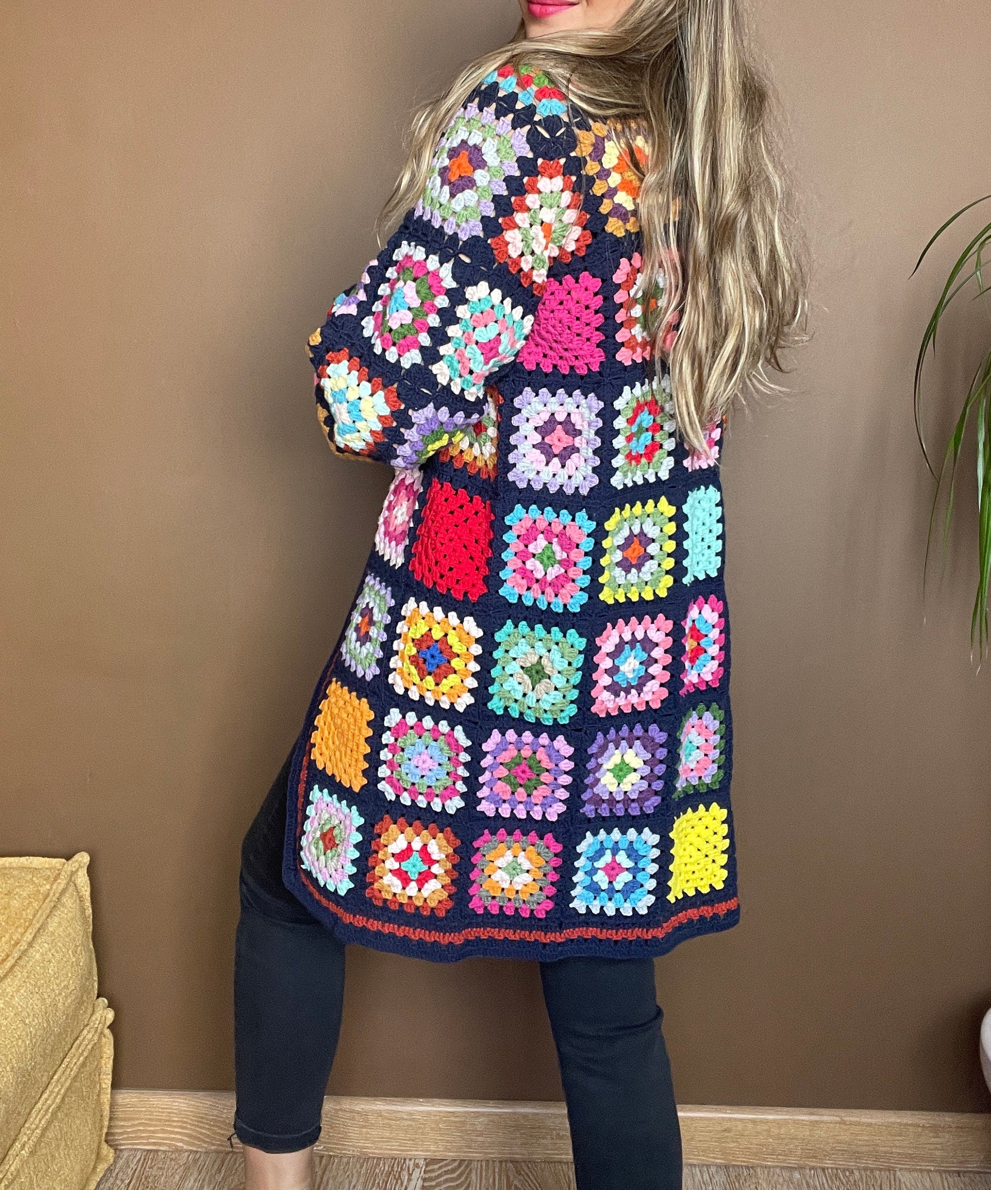 Crochet Cardigan, Granny Square Long Cardigan, Colorful