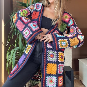 Crochet Jumbo Rose Cardigan, Pink Granny Square Cardigan Crochet Jumbo Rose Cardigan, Pink Granny Square Cardigan