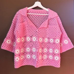 Crochet Pink Shirt, Handmade Pink Shirt, Daisy Unisex Shirt, Summer Shirt, Bhava's Style Shirt, Beach Shirt, Cotton Shirt