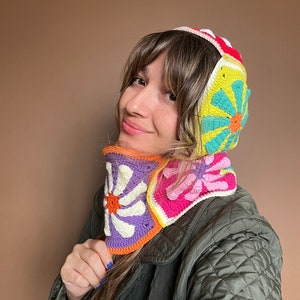 Crochet Balaclava, Daisy Granny Square Balaclava, Colorful Unisex Balaclava, Handmade Winter Warm Hat, Bhava Style Balaclava, Warm Hat