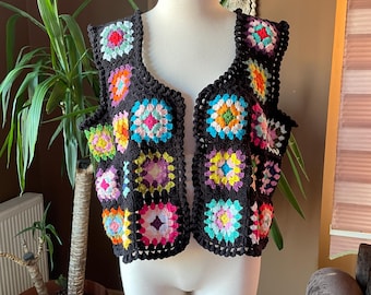Crochet Black Vest, Granny Square Sweater Vest, Handmade