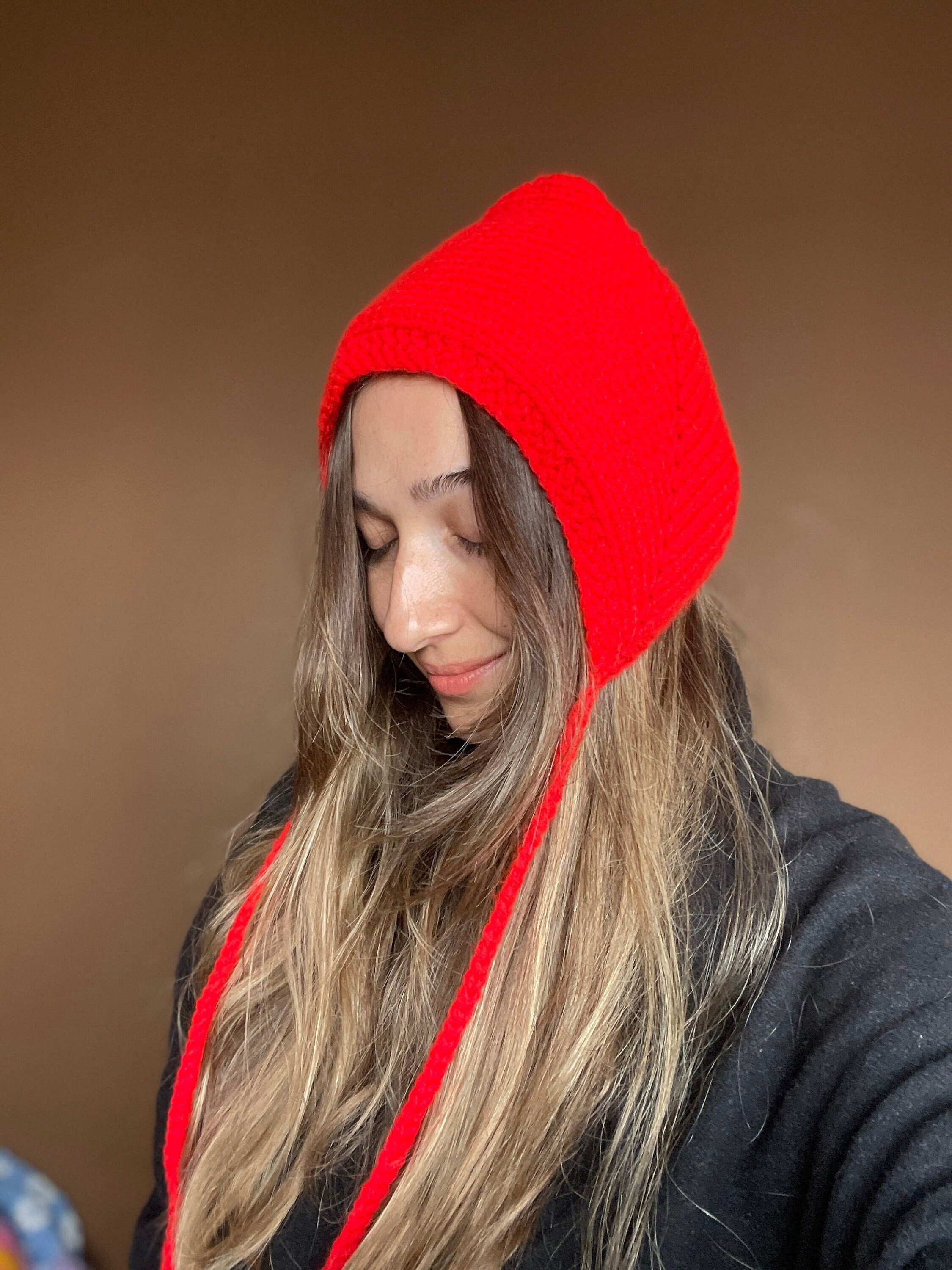 Handmade Red Knit Bonnet Red Wool Bonnet - Etsy main image 2