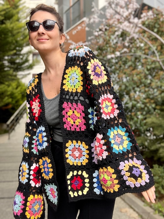 Crochet Granny Square Black Cardigan Mother s Day Gift Cotton