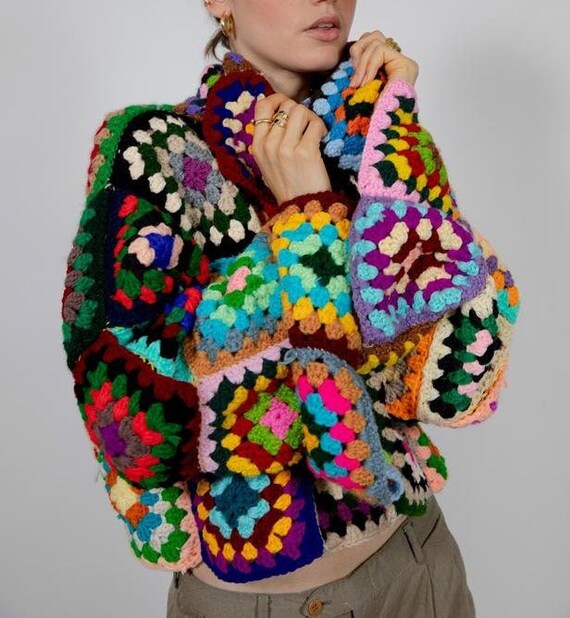 Sweaters Women, Turtleneck Sweater, Crochet Multi Color Sweater, Granny Square Sweater, Handmade Sweater, Winter Sweater, Warm Sweater