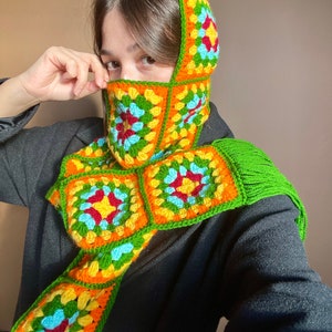 Crochet Granny Square Balaclava Scarf, 5 Different Colors Bhava's Style Colorful Scarf, Gift for her, Valentine's Day Git, Handmade Gift