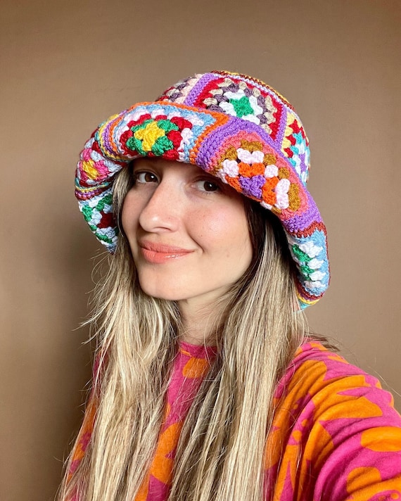Granny Square Crochet Bucket Hat, Colorful Boho Festival Sun Hat