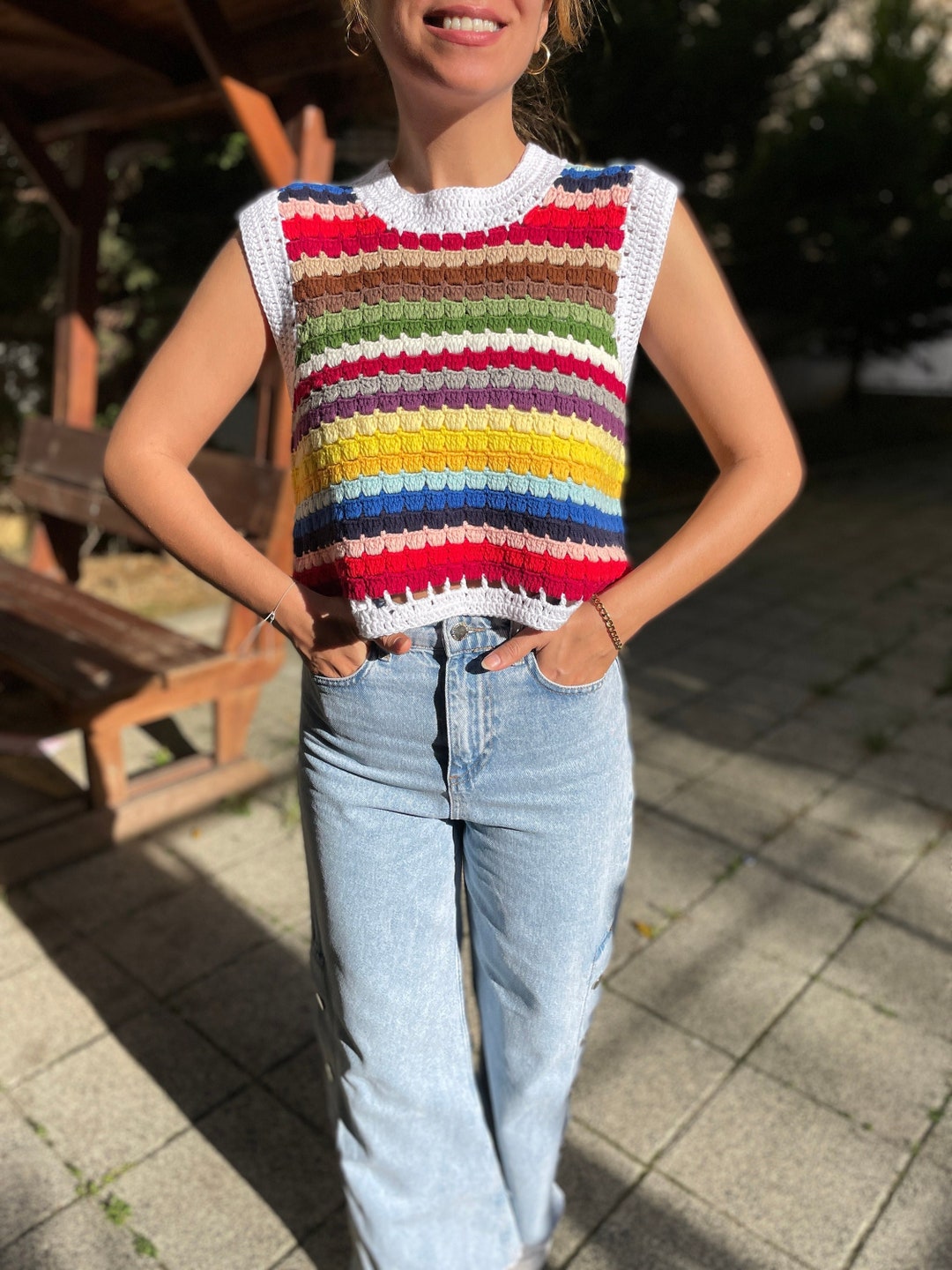 Crochet Rainbow Sweater Vest Unisex Handmade Colorful Vest Etsy