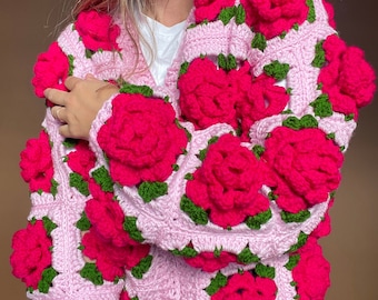 Crochet Jumbo Rose Cardigan, Pink Granny Square Cardigan