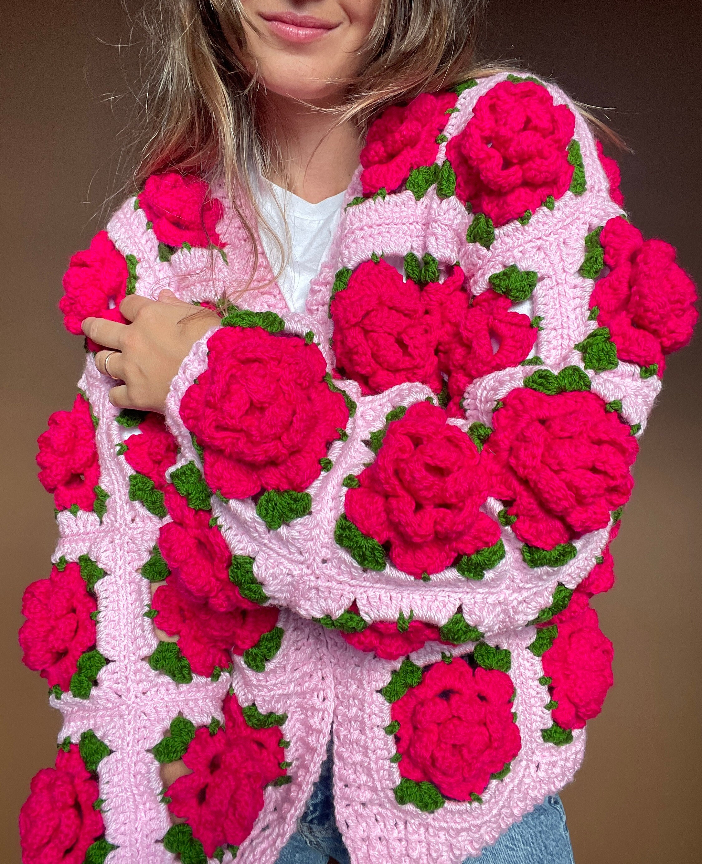 Crochet Rose Granny Square Cardigan: Handmade Chunky Knit - Etsy
