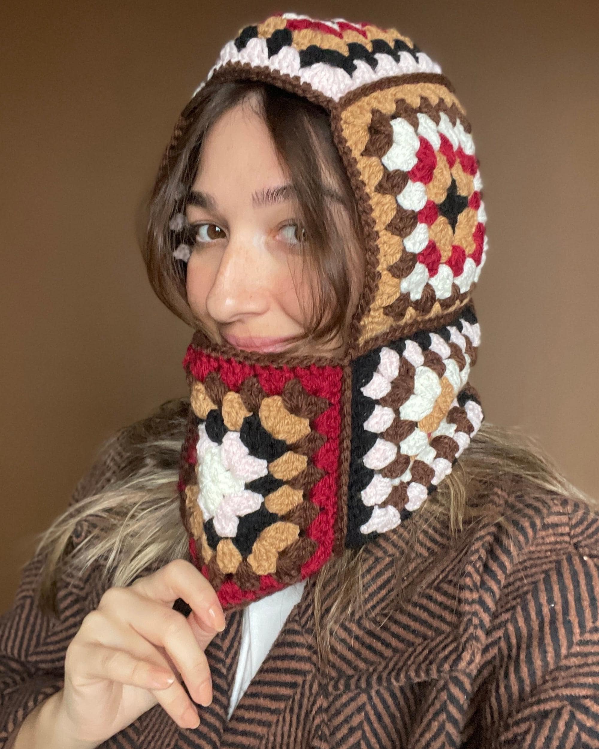 Crochet Granny Square Balaclava: Cotton Hooded Cowl