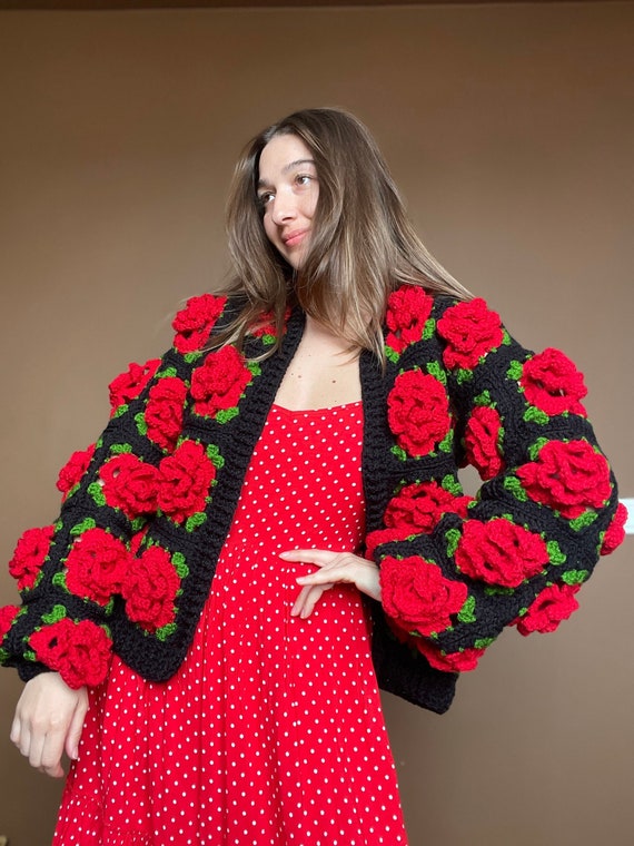 Crochet Jumbo Rose Cardigan, Black Granny Square Cardigan, Bhava's Style Crochet Rose Chunky Cardigan, Red Rose Cardigan, Winter Cardigan - Etsy Crochet Jumbo Rose Cardigan, Black Granny Square Cardigan, Bhava's Style Crochet Rose Chunky Cardigan, Red Rose Cardigan, Winter Cardigan - Etsy
