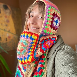 Crochet Balaclava Scarf, Granny Square Colorful Balaclava Scarf, Unisex Balaclava, Bhava&#39;s Style Balaclava, Handmade Balaclava Set, Warm Hat