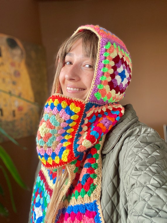 Écharpe cagoule au crochet, écharpe cagoule colorée carré de grand