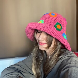 Crochet Daisy Hat, Handmade Sun Protection Hat, Pink Cotton Crochet Summer Hat for Women, Bhava's Style Boho Hat,UV Protection Hat for gift image 5