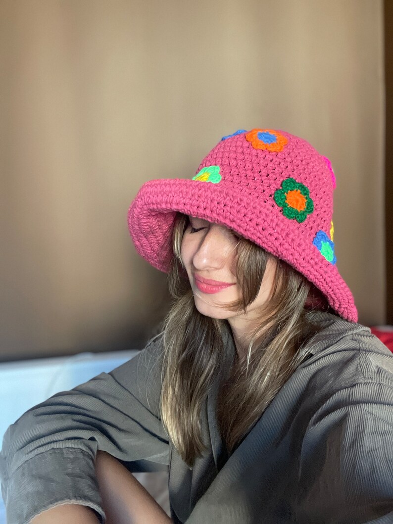 Crochet Daisy Hat, Handmade Sun Protection Hat, Pink Cotton Crochet Summer Hat for Women, Bhava's Style Boho Hat,UV Protection Hat for gift image 5
