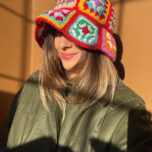 Crochet Granny Square Bucket Hat, Handmade Colorful Festival  display picture 2