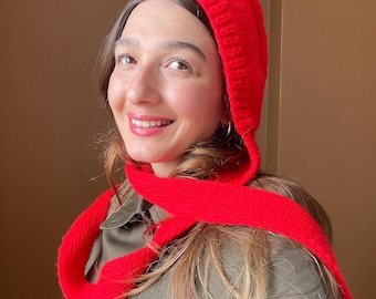 Cotton Hooded Scarf: Custom Color Knit Balaclava with Long Ties, Hand Knit Balabonnet