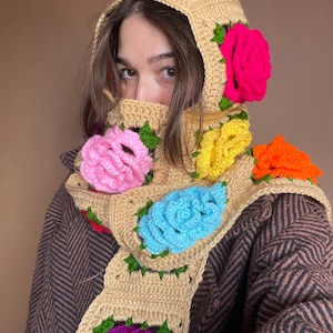 Bufanda de ganchillo, pasamontañas de rosas, regalo de San Valentín, bufanda de margaritas estilo Bhava, bufanda floral hecha a mano, pasamontañas de invierno.