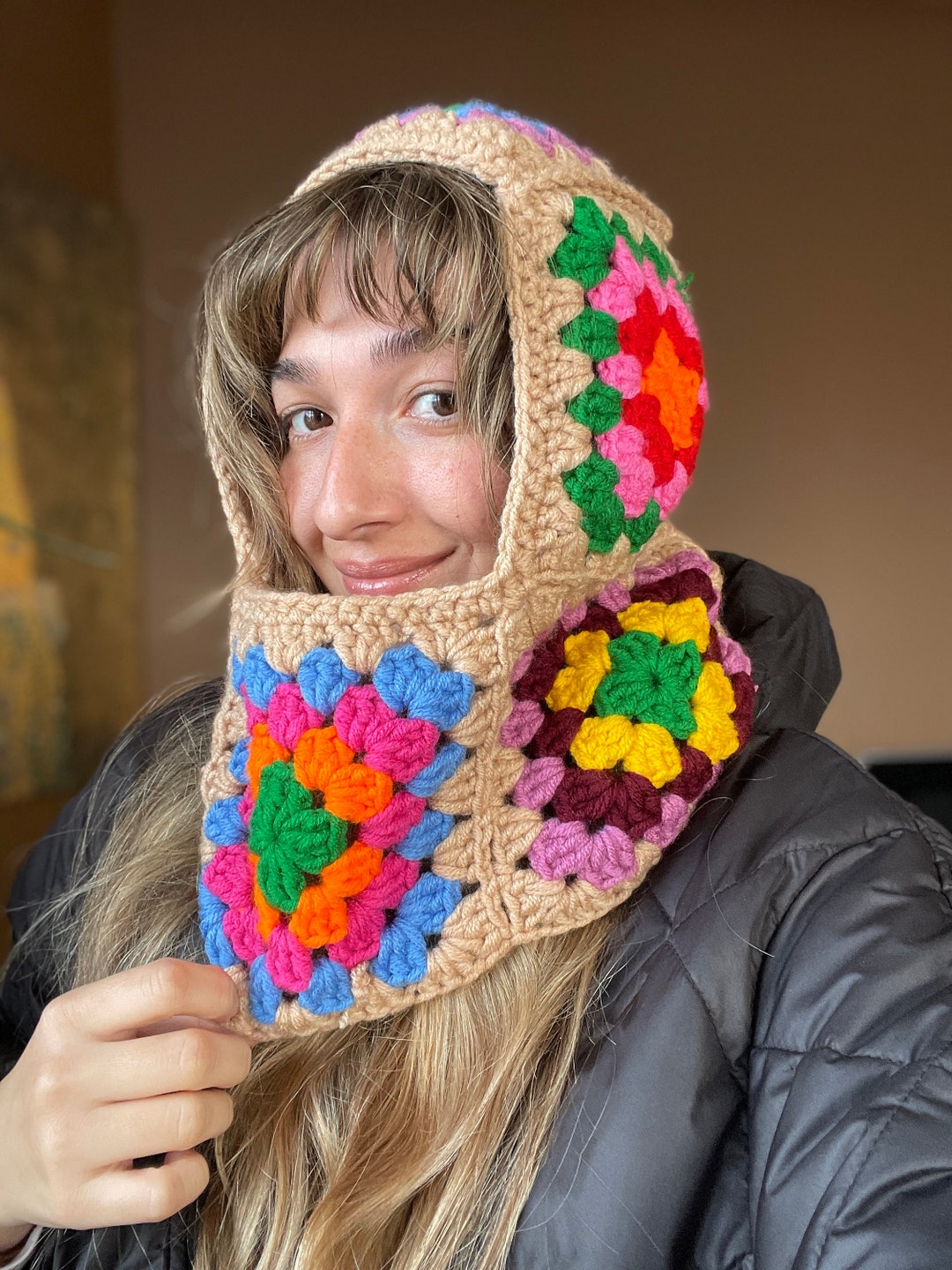 Hand-knitted Granny Square Crochet Balaclava - Colorful Winter Hat
