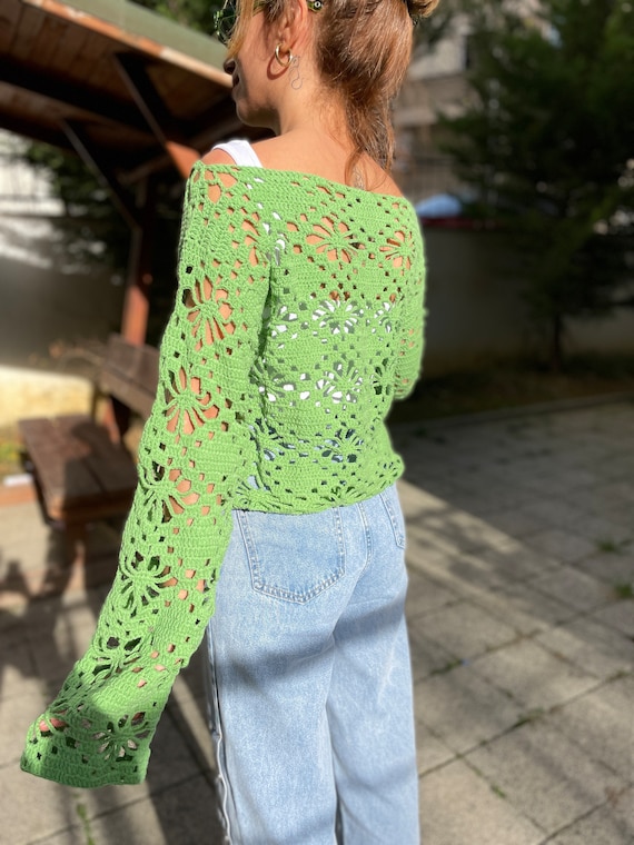 Crochet Long Sleeve Top, Handmade Summer Top, Crochet Vintage