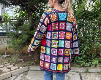 Granny Square Crochet Cardigan, Handmade Cardigan, Colorful Cardigan, Long Sleeves Cardigan, Unisex Jacket, Vintage Hand knitted Cardigan,