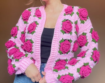 Crochet Jumbo Rose Cardigan, Pink Granny Square Cardigan, Crochet Rose Chunky Cardigan, Pink Rose Cardigan, Winter Cardigan, Floral Cardigan - Etsy Crochet Jumbo Rose Cardigan, Pink Granny Square Cardigan, Crochet Rose Chunky Cardigan, Pink Rose Cardigan, Winter Cardigan, Floral Cardigan - Etsy