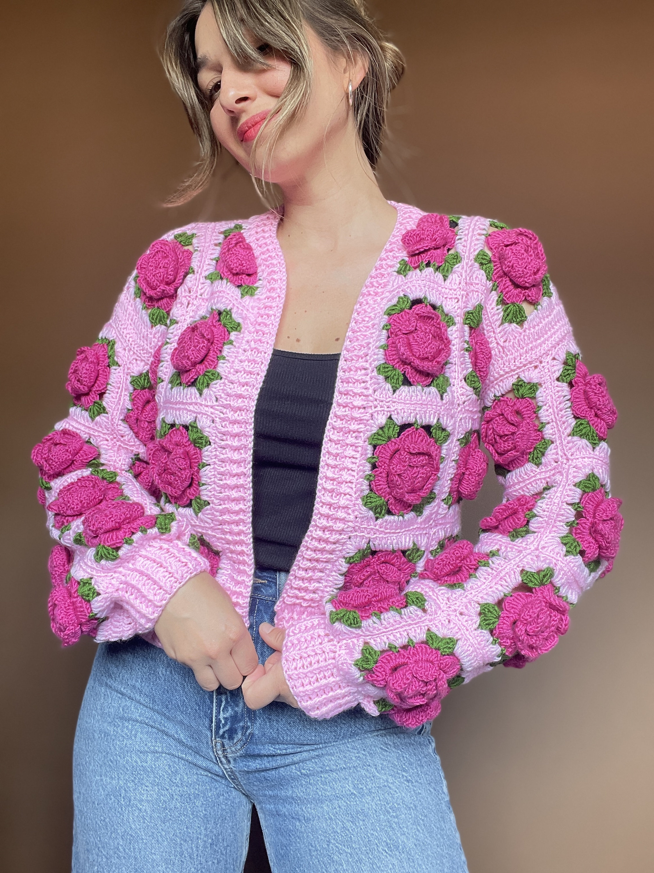 Bhavass Crochet Jumbo Rose Cardigan, Pink Granny Square Cardigan, Crochet Rose Chunky Cardigan, Pink Rose Cardigan, Winter Cardigan, Floral Cardigan Bhavass Crochet Jumbo Rose Cardigan, Pink Granny Square Cardigan, Crochet Rose Chunky Cardigan, Pink Rose Cardigan, Winter Cardigan, Floral Cardigan