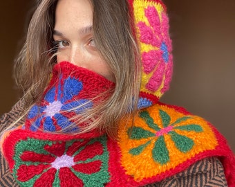 Crochet Balaclava Scarf, Red Daisy Colorful Balaclava Scarf, Unisex Balaclava, Bhava's Style Balaclava, Crochet Neck Warmer, Women Scarfs