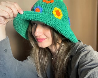 Crochet Daisy Hat, Handmade Sun Protection Hat, Green Cotton Crochet Summer Hat for Women, Bhava's Style Boho Hat,UV Protection Hat for gift