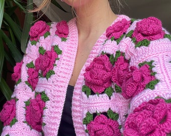 トップス Rose flower motif cardigan pink Leilayca Pink Roses Cardigan , Chunky Cropped Cardigan for