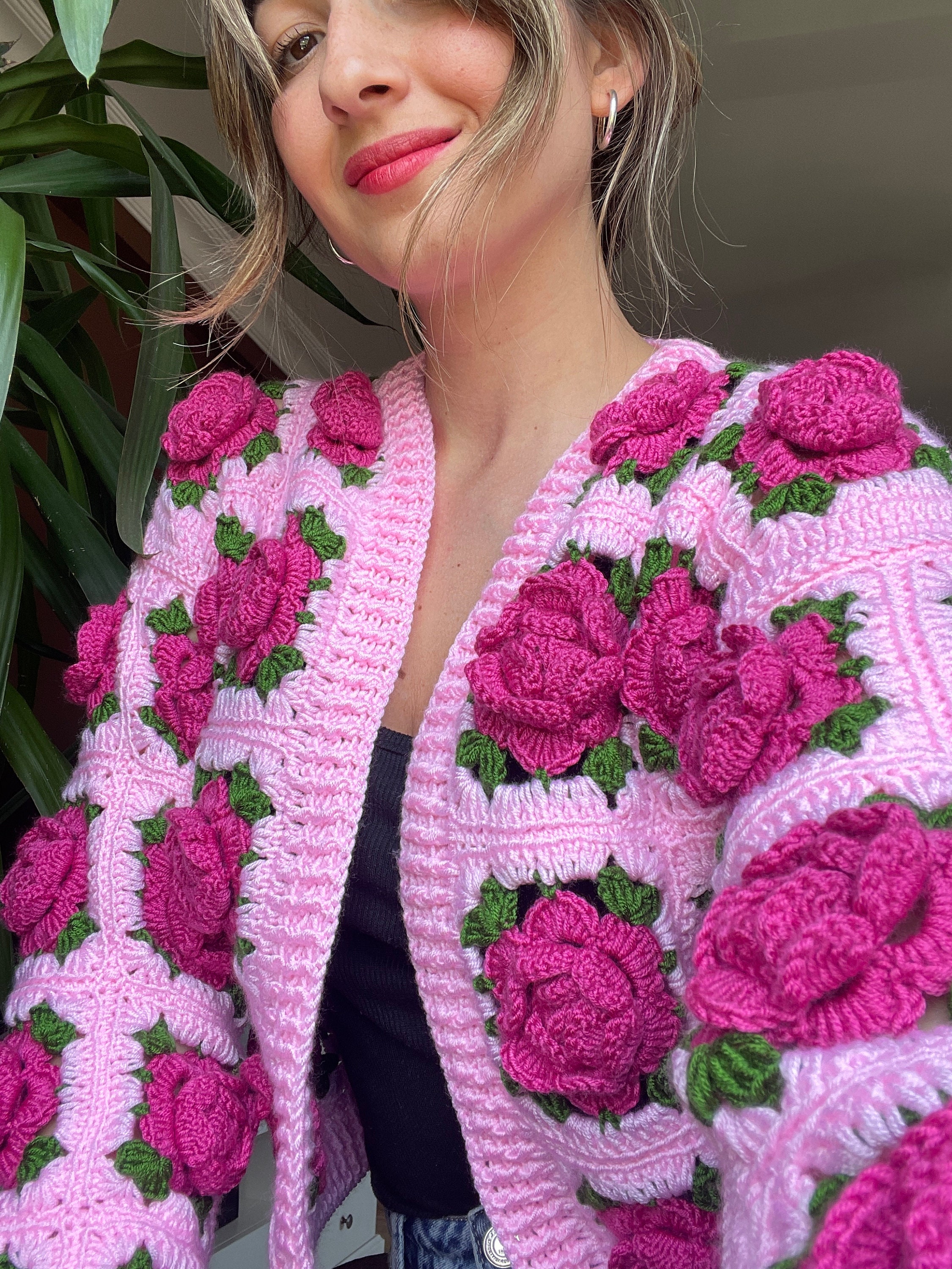 Crochet Jumbo Rose Cardigan, Pink Granny Square Cardigan