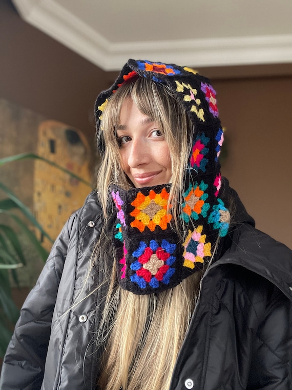 Écharpe cagoule au crochet, écharpe cagoule colorée carré de grand