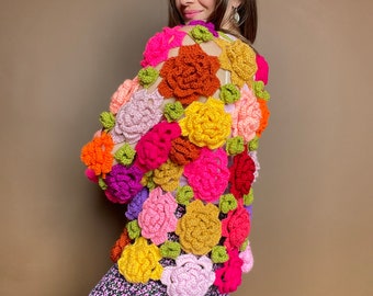 Crochet Jumbo Rose Cardigan, Colorful Granny Square Cardigan, Crochet Rose Chunky Cardigan, Rose Cardigan, Winter Cardigan, Floral Cardigan