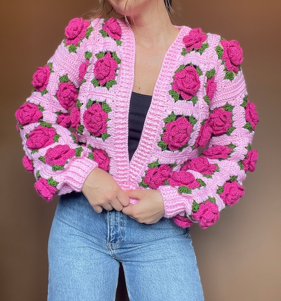 Crochet Jumbo Rose Cardigan, Pink Granny Square, Hand-knitted