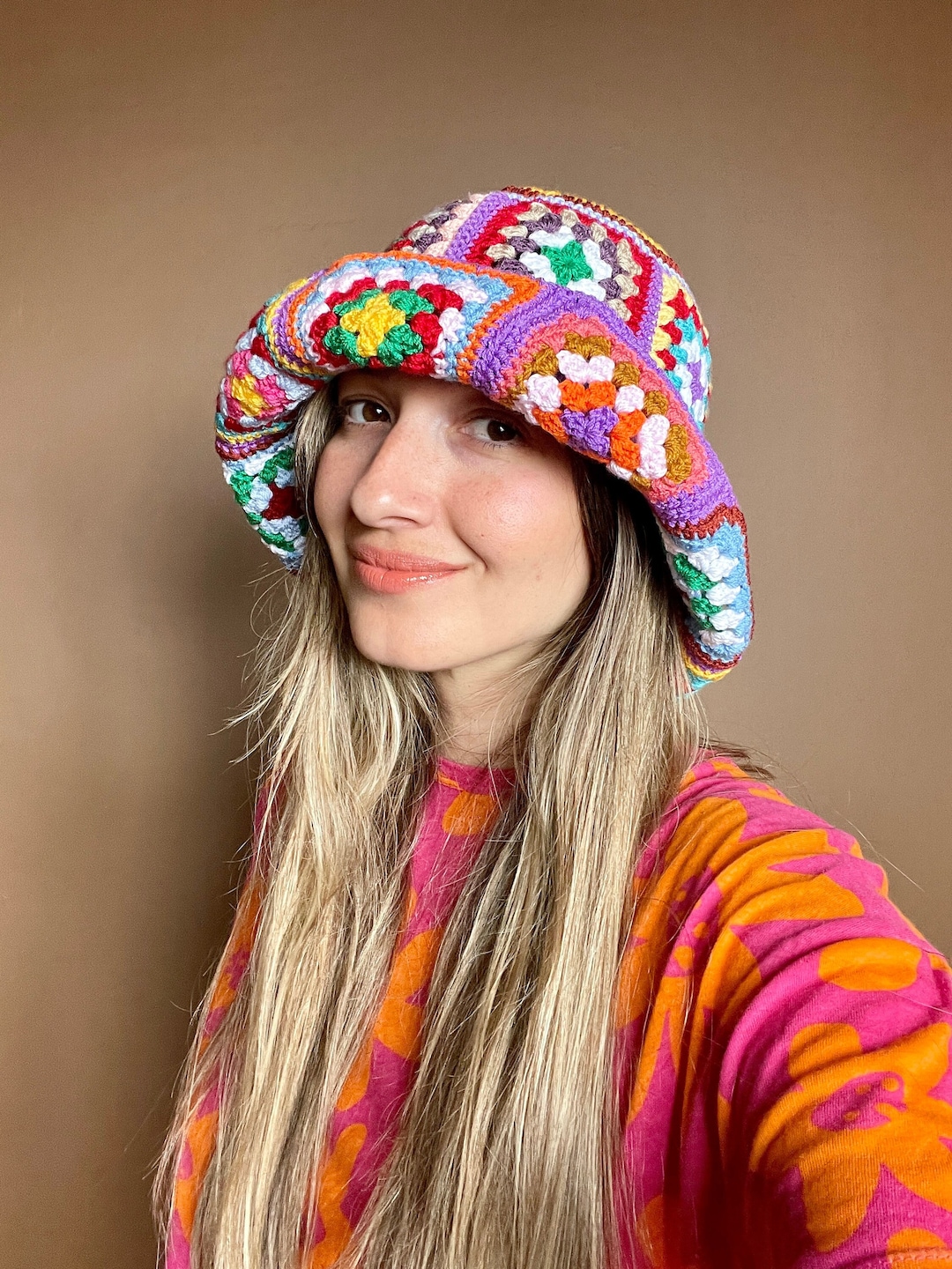 Crochet Granny Square Hat, Ready to Ship Colorful Bucket Hat