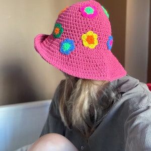 Crochet Daisy Hat, Handmade Sun Protection Hat, Pink Cotton Crochet Summer Hat for Women, Bhava's Style Boho Hat,UV Protection Hat for gift image 4