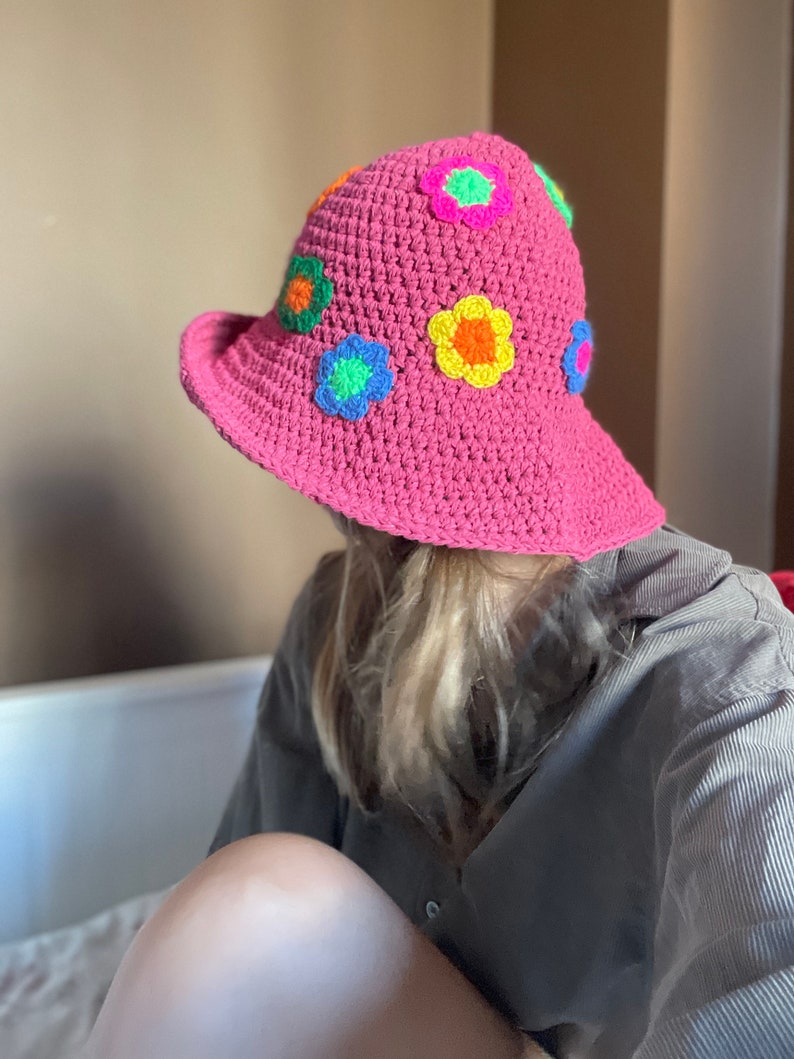 Crochet Daisy Hat, Handmade Sun Protection Hat, Pink Cotton Crochet Summer Hat for Women, Bhava's Style Boho Hat,UV Protection Hat for gift image 4