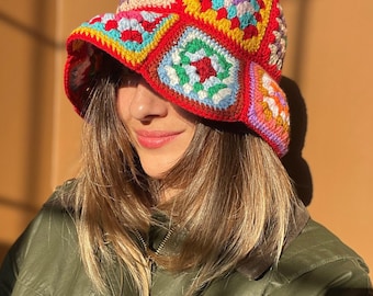 Granny Square Crochet Bucket Hat: Cotton Colorful Sun Handmade Wide Brim Hat