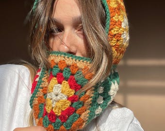 Rustic Granny Square Crochet Balaclava: Earth Tone Cotton Hood