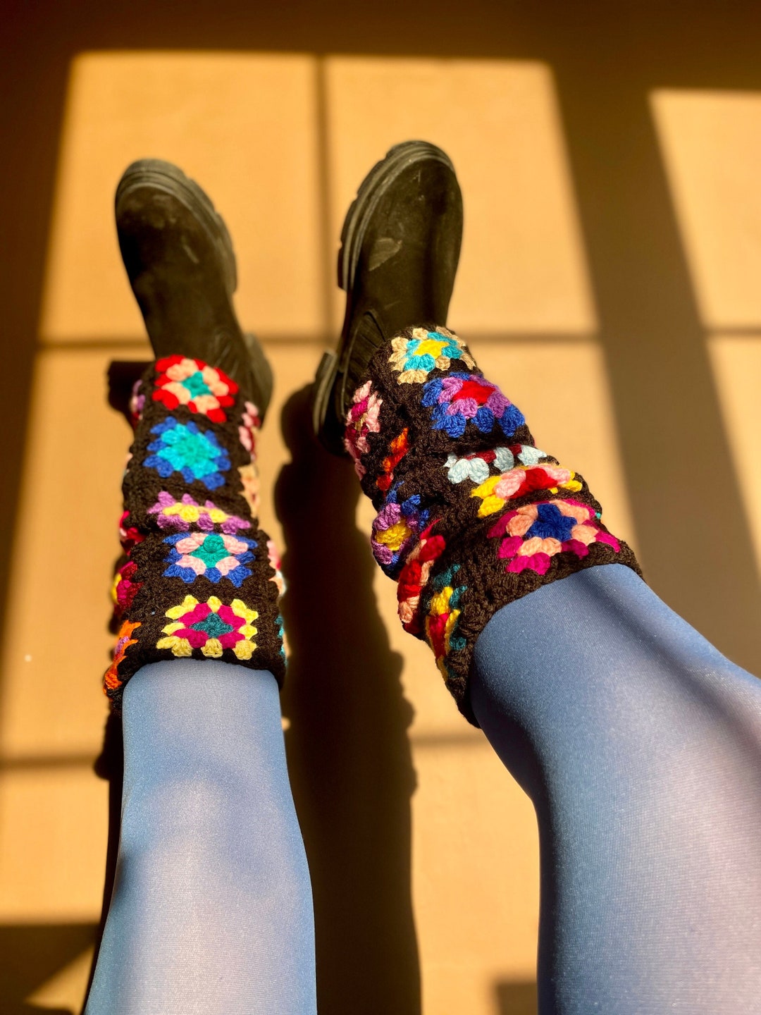 Crochet Leg Warmer, Granny Square Black Leg Warmer, Crochet Socks for