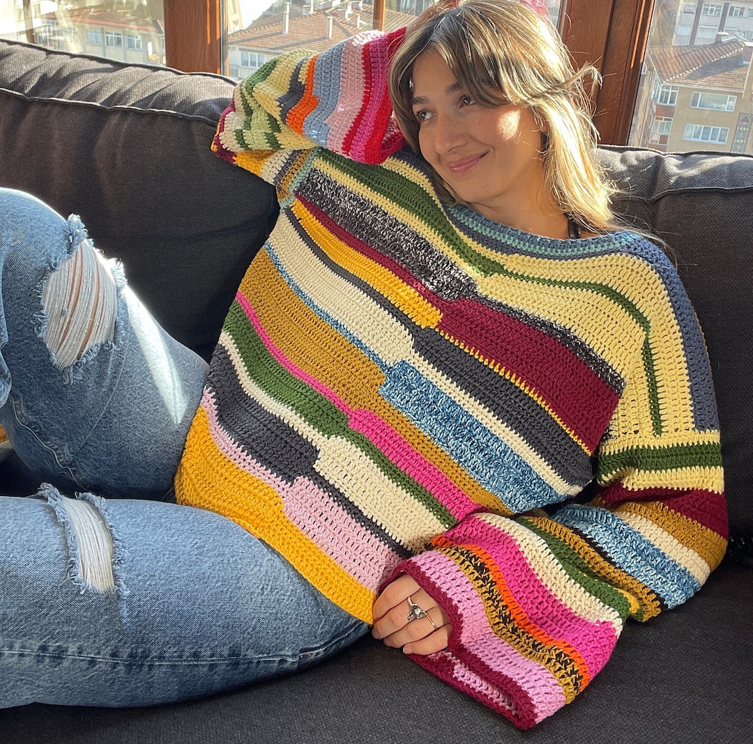 Crochet Colorful Sweater, Striped Patchwork Sweater, Big Sleeves Warm ...
