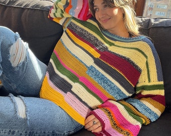 Colorful Striped Crochet Sweater: Cotton Bell Sleeve Pullover with Daisy Motifs for Fall Fashion